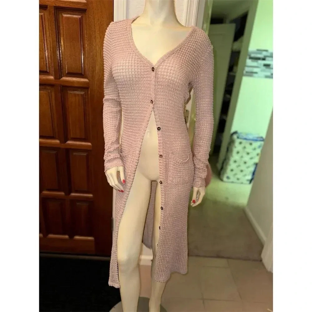 Double Zero Women's Pink Knit Long Button Down Cardigan Sweater Size S Blush - Picture 9 of 12